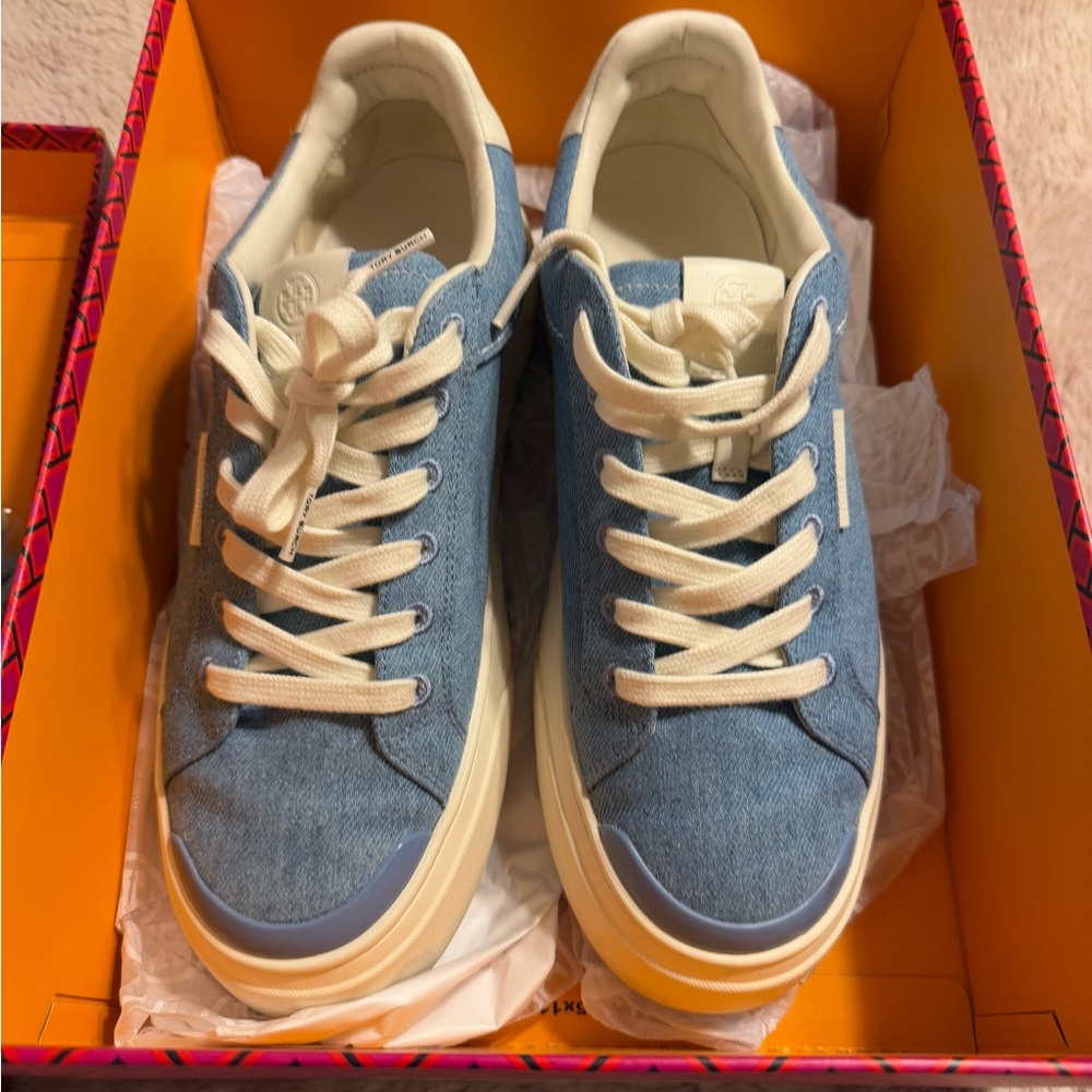 Tory Burch Denim Blue and Cream Sneakers